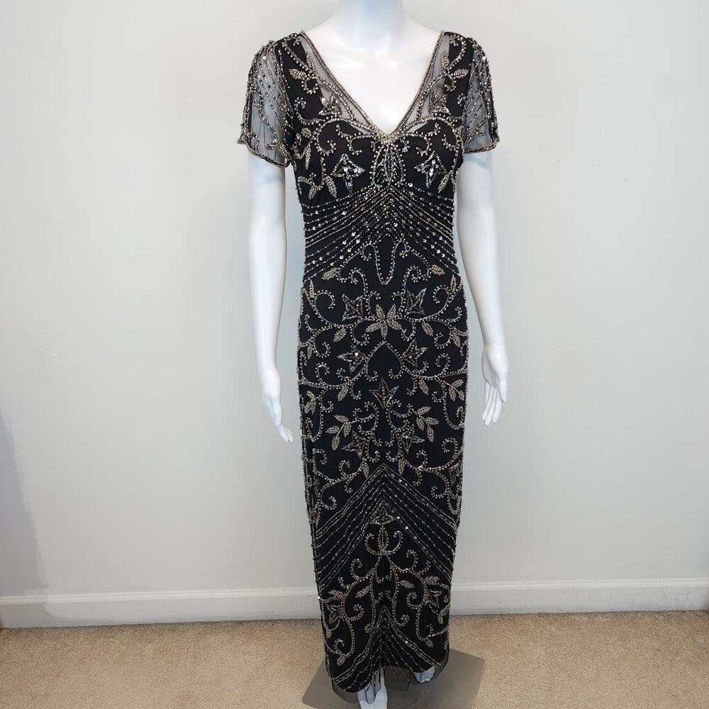 Pisarro Nights Hand Beaded Maxi Gown Size 2 Black Mesh Intricate Flapper 20s
